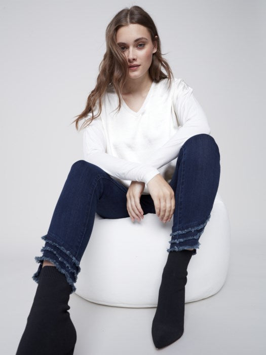 Dual Textured V Neck Knit Top, Ecru