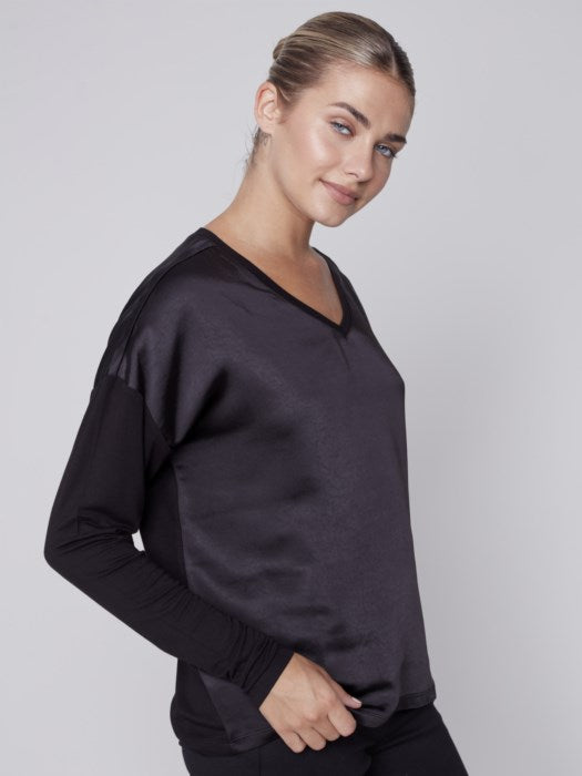 Dual Textured V Neck Knit Top, Black