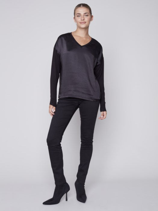 Dual Textured V Neck Knit Top, Black