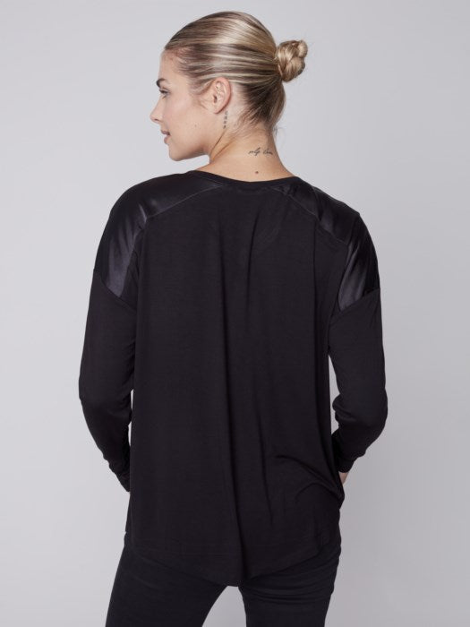 Dual Textured V Neck Knit Top, Black