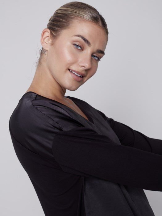 Dual Textured V Neck Knit Top, Black