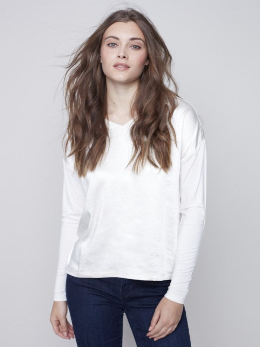 Dual Textured V Neck Knit Top, Ecru
