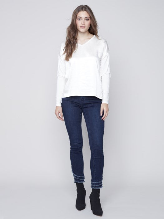 Dual Textured V Neck Knit Top, Ecru
