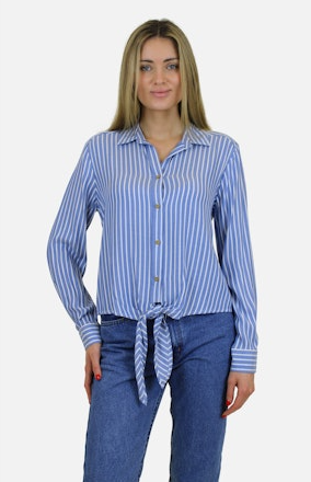 Marlo Striped Tie Front Button Up, Pearl Blue