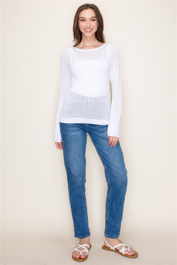 Pointelle Scalloped Boat Neck Sweater
