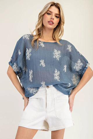 Embroidered Dolman Sleeve Top Icy Blue