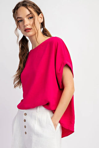 Cuffed Short Sleeve Blouse with Pleated Back Hot Pink