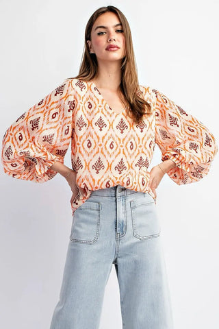 Abstract Orange Striped Chiffon Blouse with Metallic