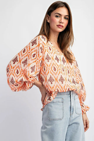 Abstract Orange Striped Chiffon Blouse with Metallic