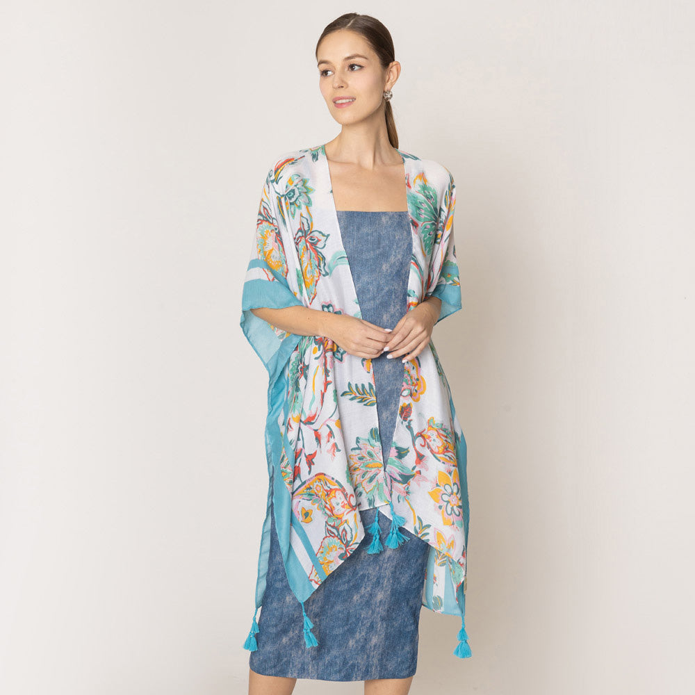 Damask Floral Lightweight Kimono w/ Tassels o/s