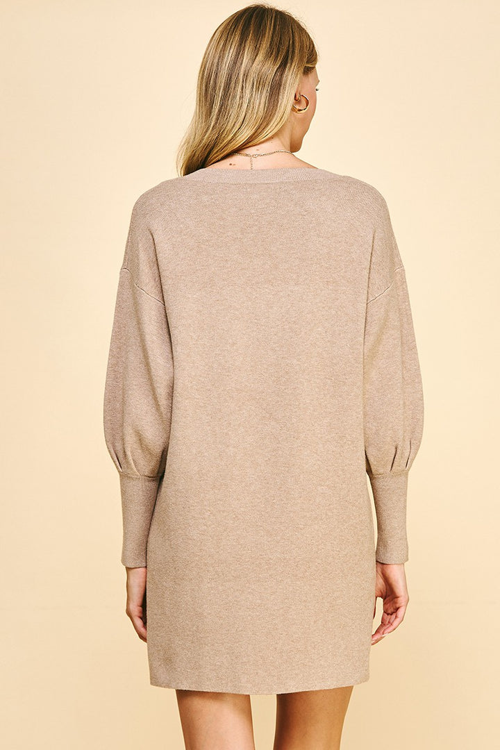V-Neck Sweater Dress, Taupe