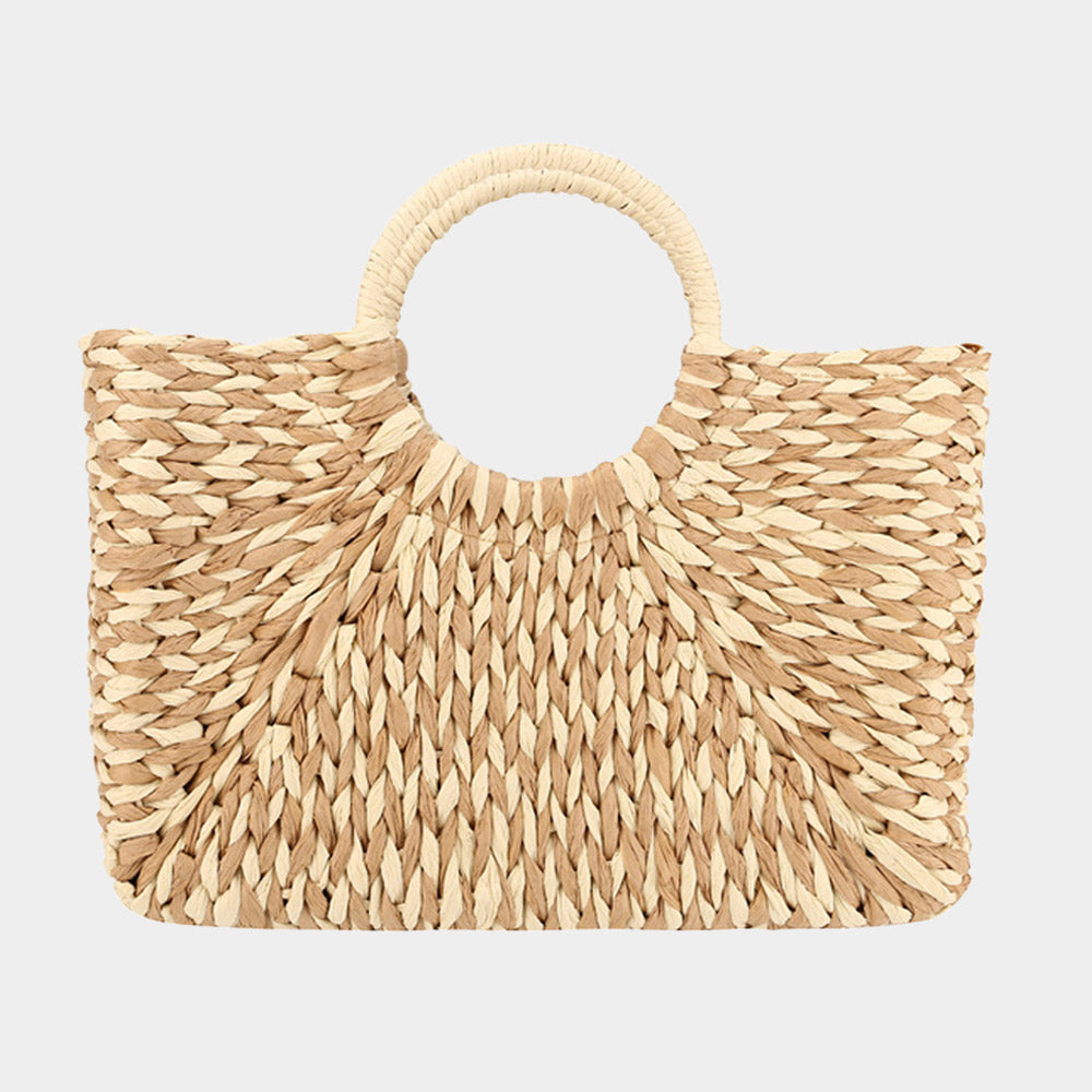 Rectangle Straw Handbag w/ Woven Handles, Light Sand