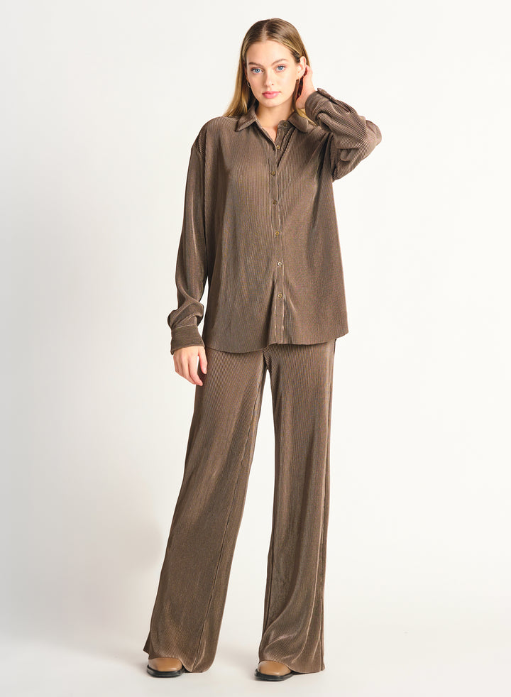 Accordion Pleat Wide Leg Flowy Knit Pant, Ash Brown