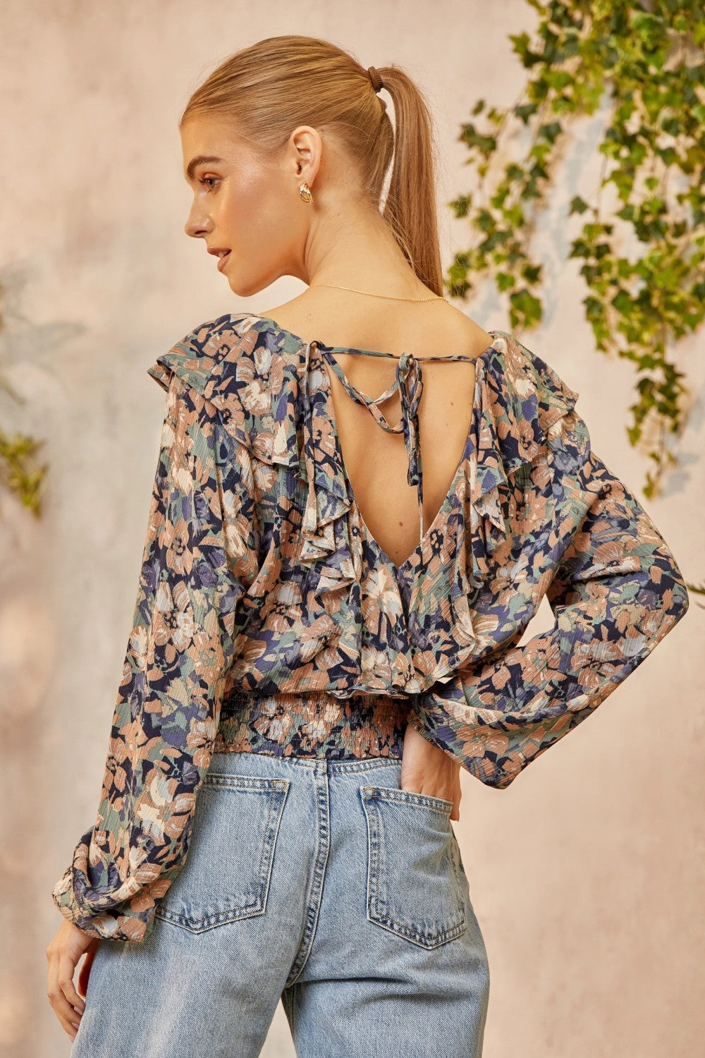 Floral Ruffled Open Back Blouse