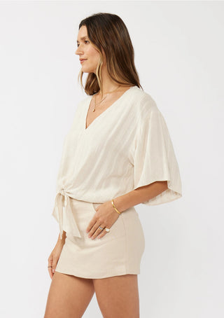 Jacquard Striped Linen Tie Front Top  with Kimono Sleeve Natural