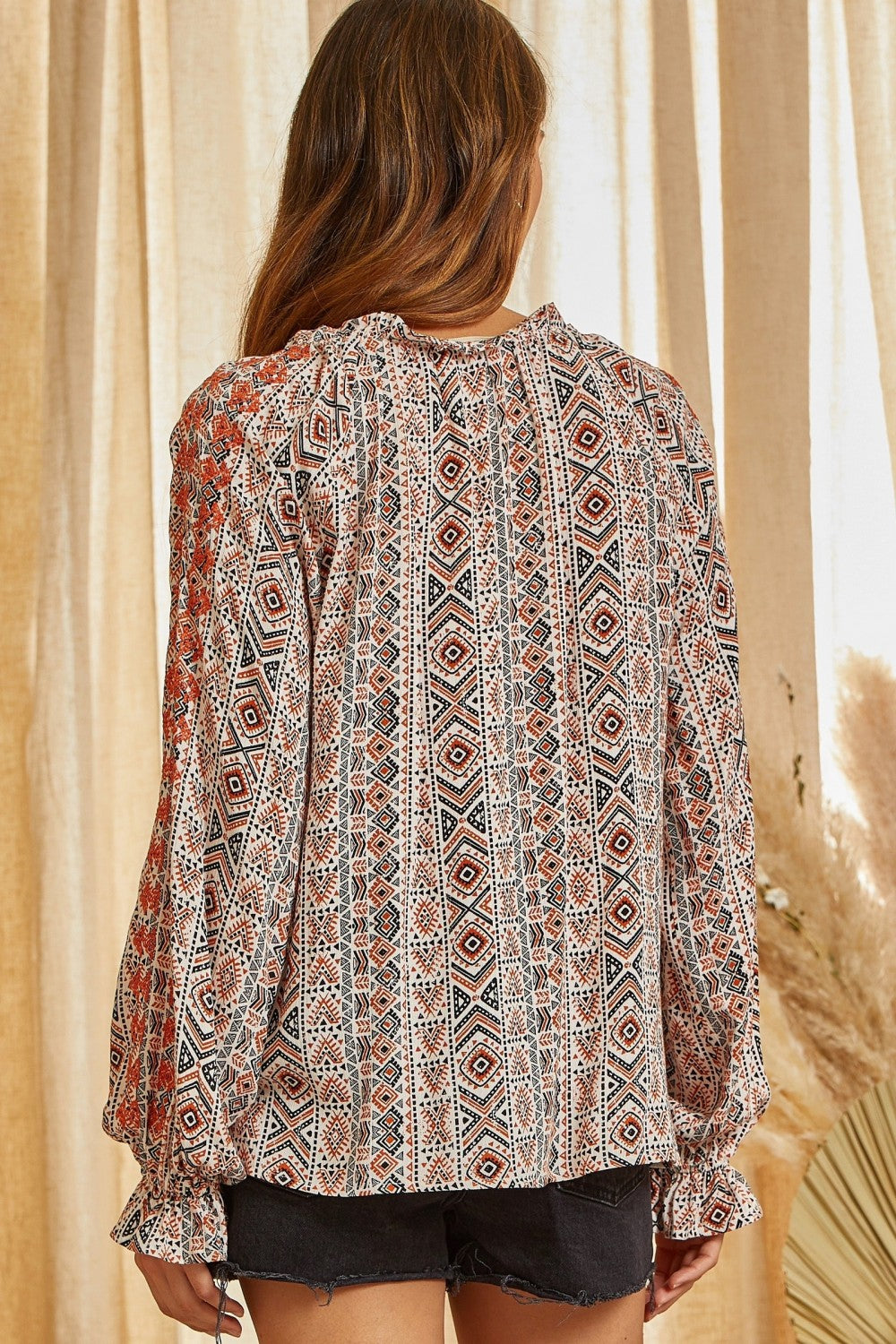 Embroidered Aztec Tie Front Blouse