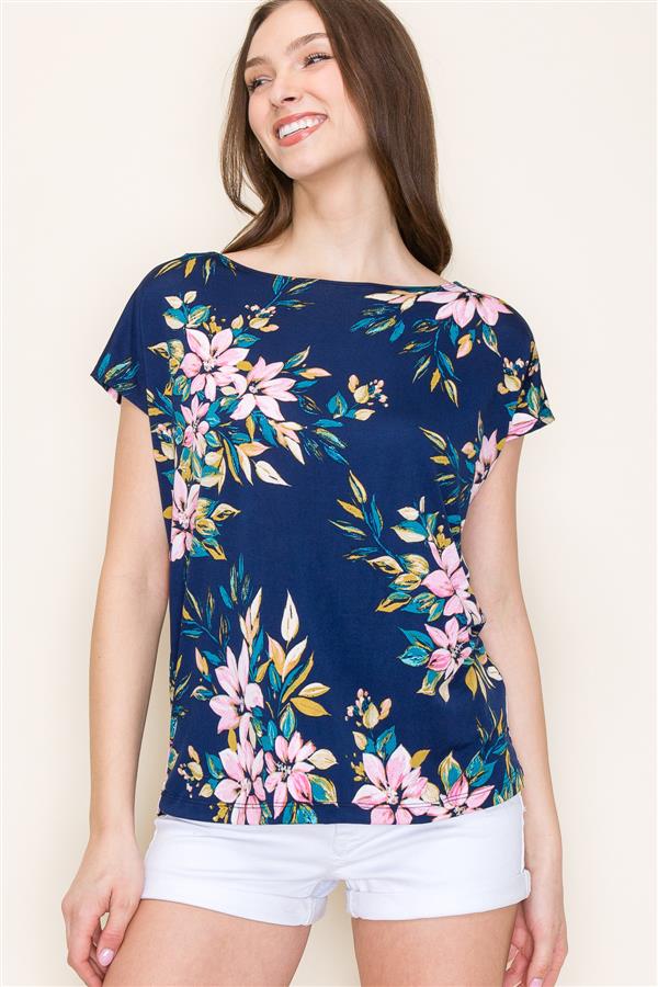 Boat Neck Silky Knit Floral Top
