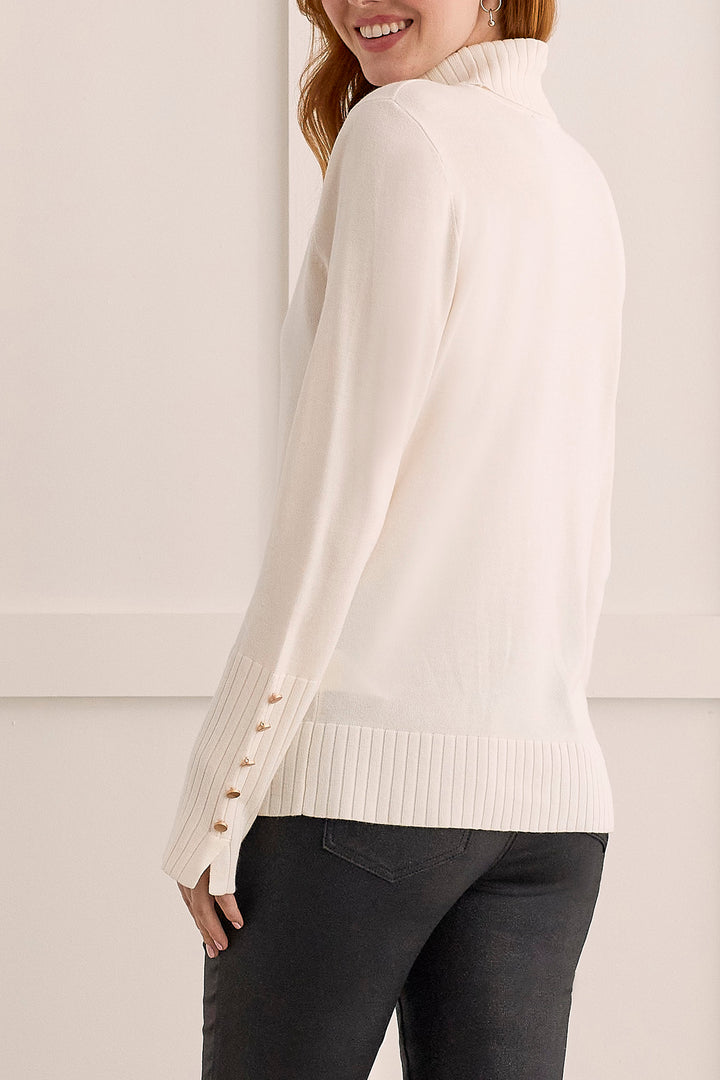 Button Cuff Turtleneck Sweater, Cream