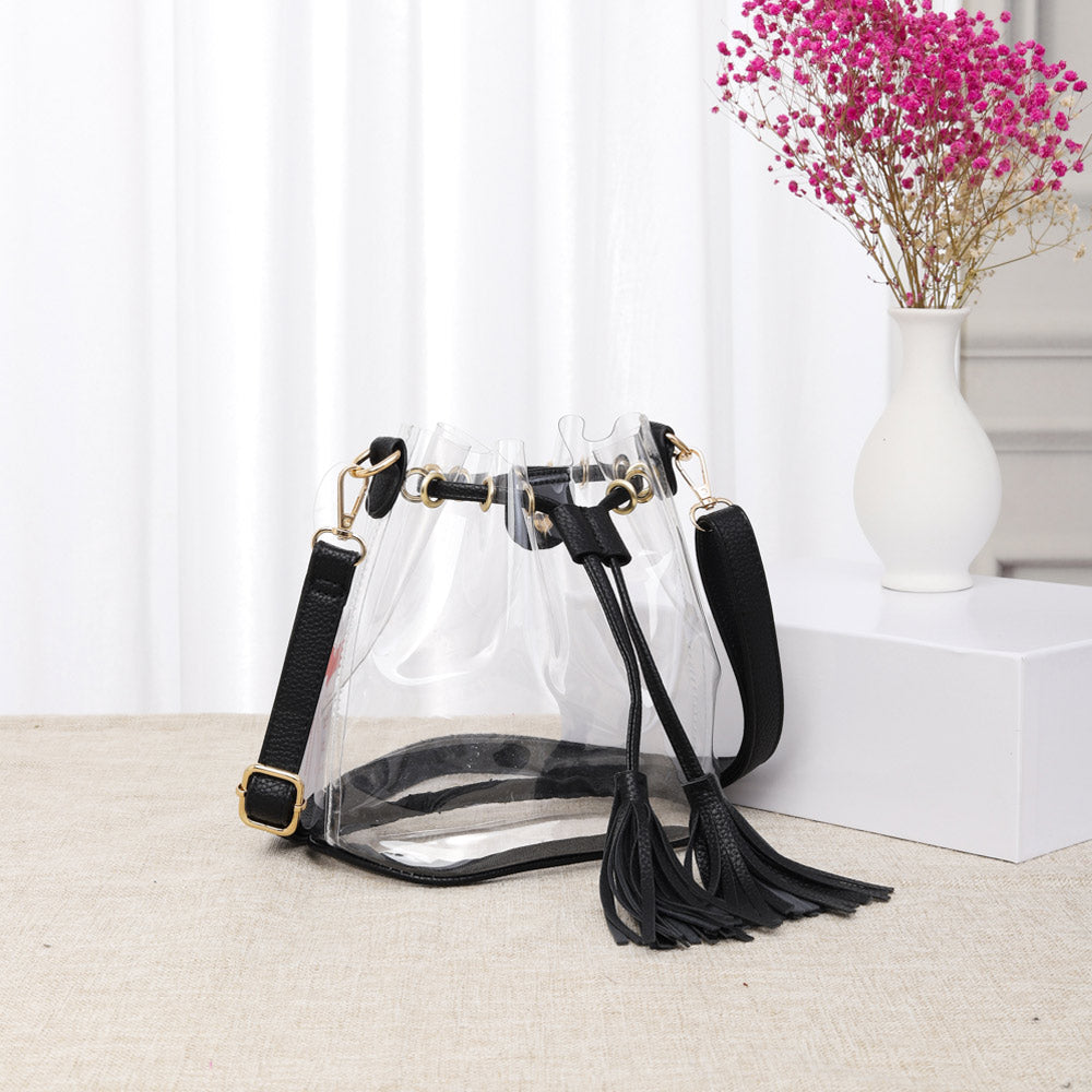 Faux Leather Clear Drawstring Bag, Black