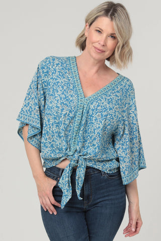 Kimono Sleeve Top with Tie Waist Blue Seafoam Ditsy Floral Blouse