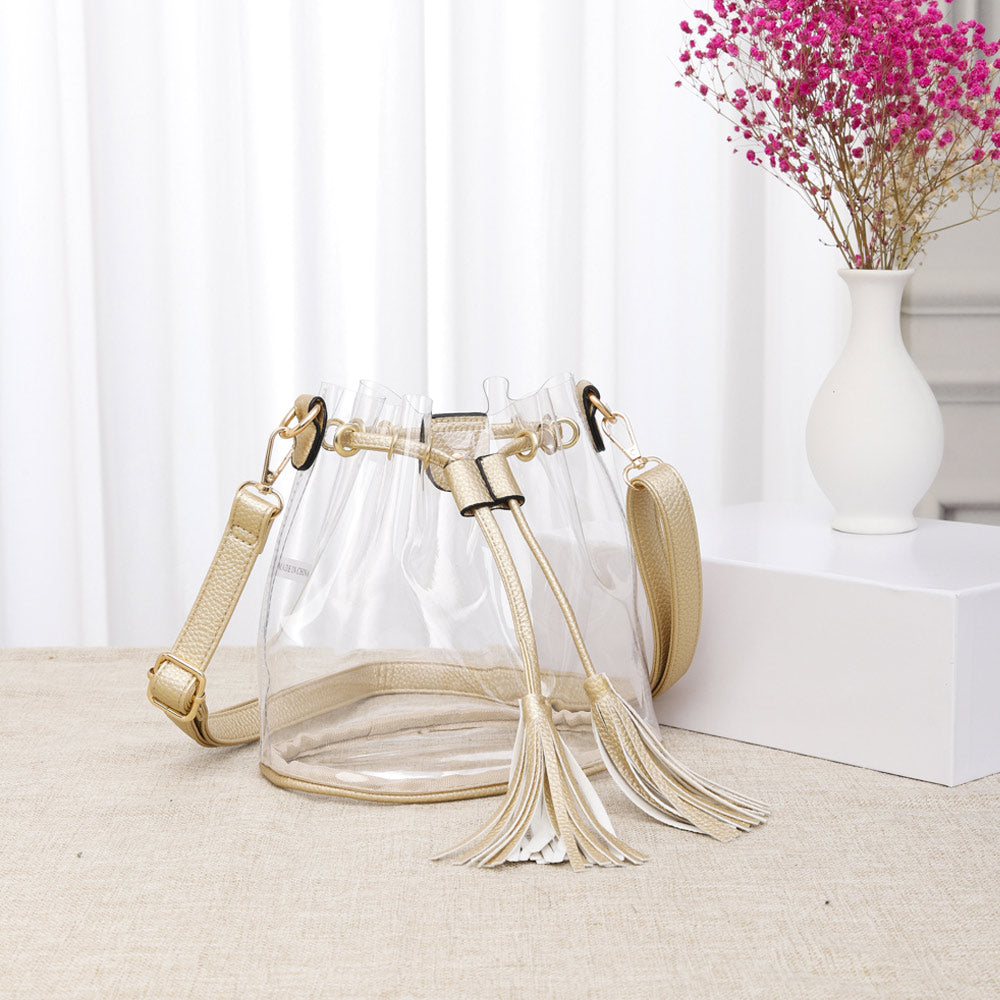 Faux Leather Clear Drawstring Bag, Gold