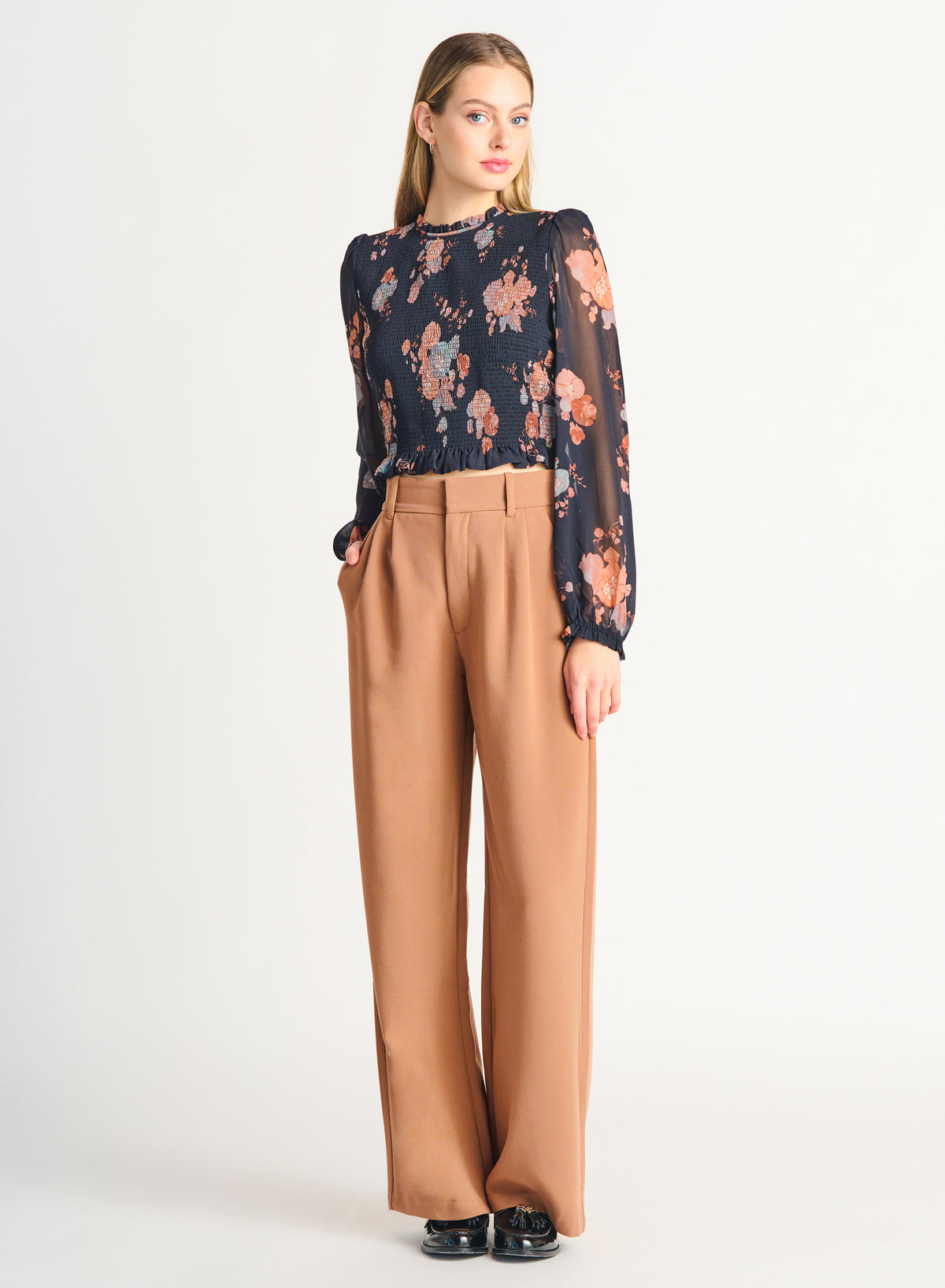 Smocked Floral Chiffon Sleeve Blouse