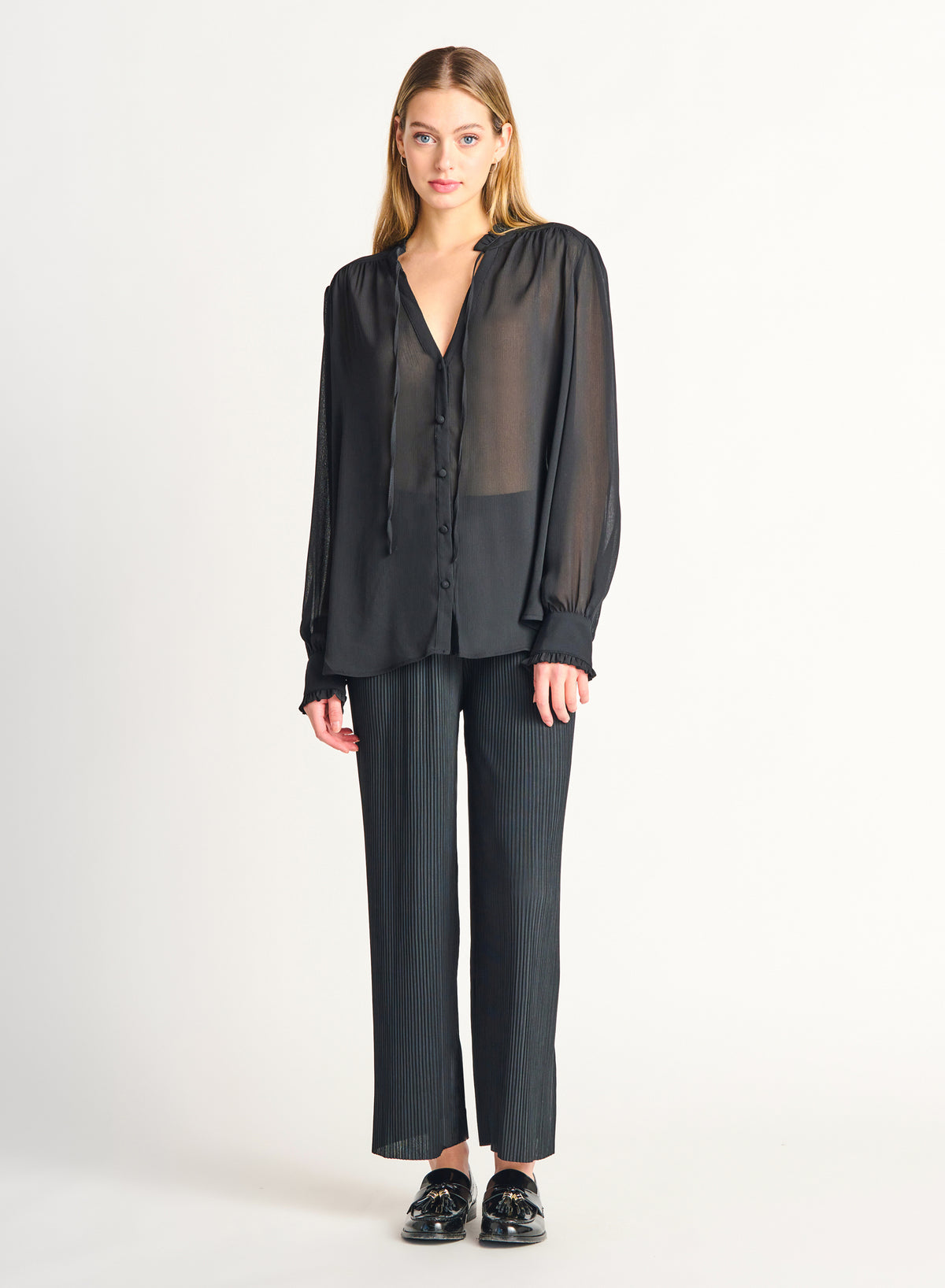 Accordion Pleat Wide Leg Flowy Knit Pant, Black