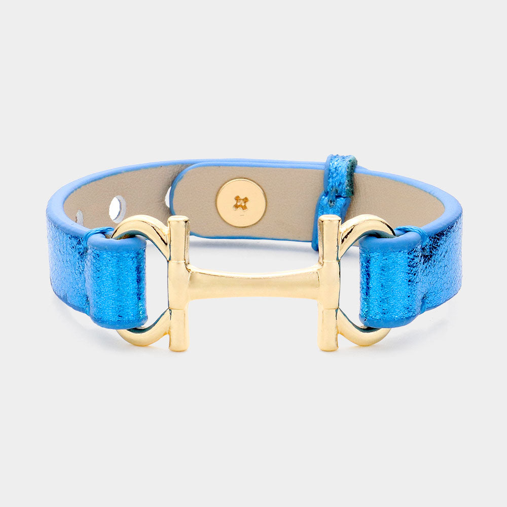H Buckle Metallic Faux Leather Strap Bracelet, Blue