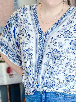 Kimono Sleeve Tie Waist Grecian Floral Blouse White/Blue