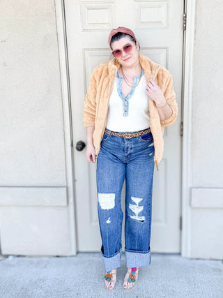 Kancan Ultra High Rise Distressed 90s Wide Leg Denim Flare Jean Medium Wash