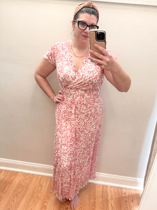Floral Faux Wrap Stretchy Mesh Maxi Dress Ivory/Blush