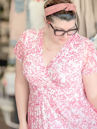 Floral Faux Wrap Stretchy Mesh Maxi Dress Ivory/Blush