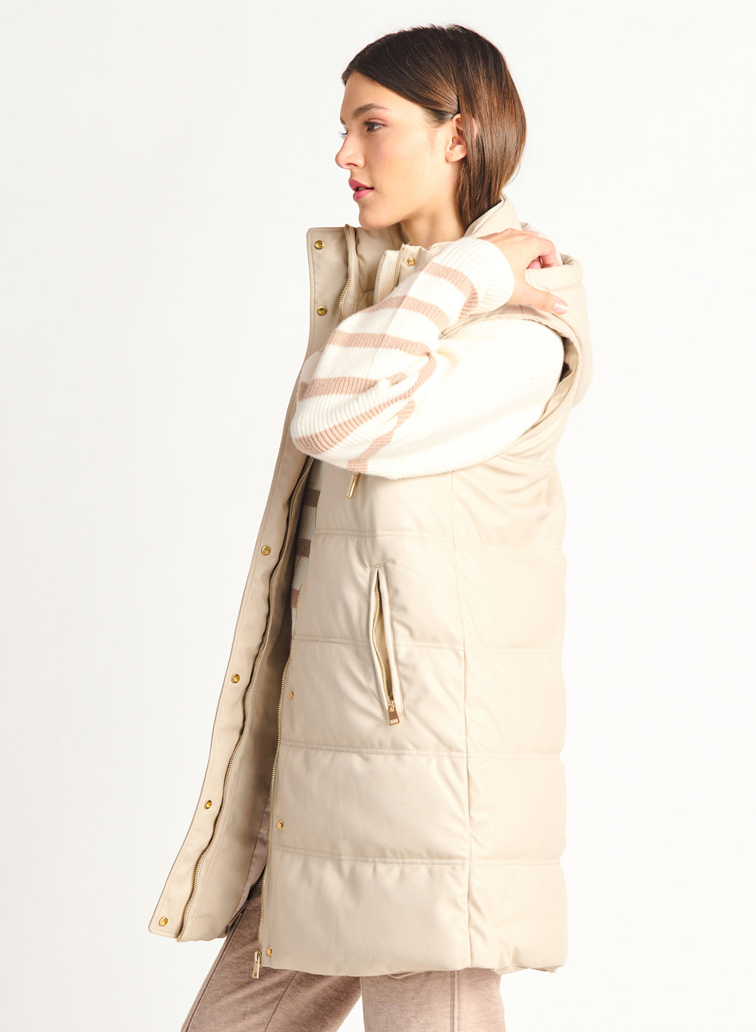 Hooded Faux Leather Puffer Vest