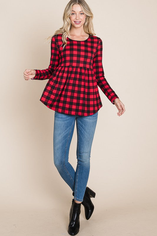 Buffalo Plaid Peplum Long Sleeve Top