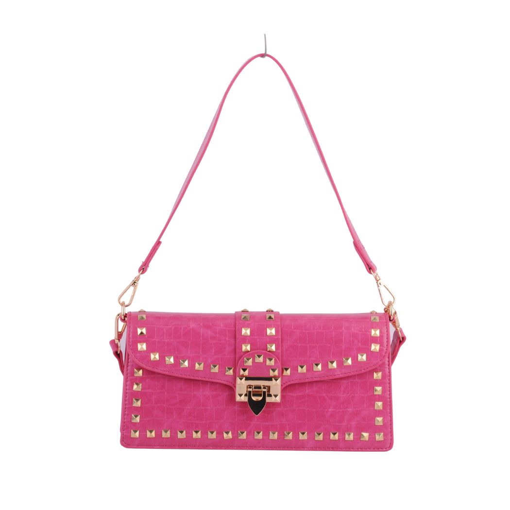 Studded Faux Croc Handbag, Magenta