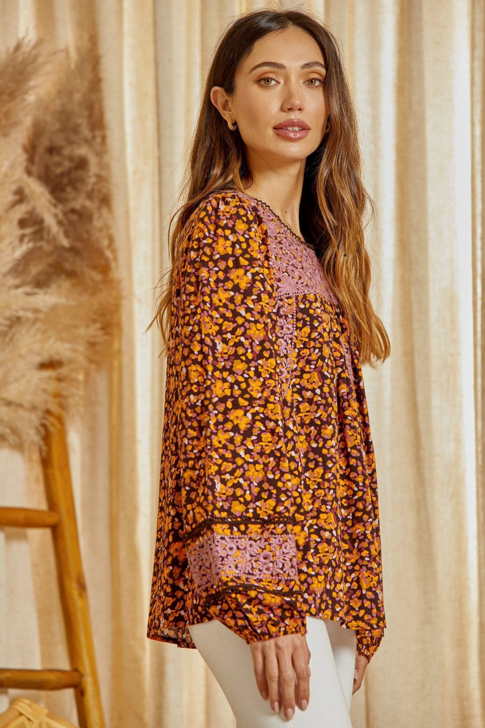 Keyhole Embroidered Abstract Blouse