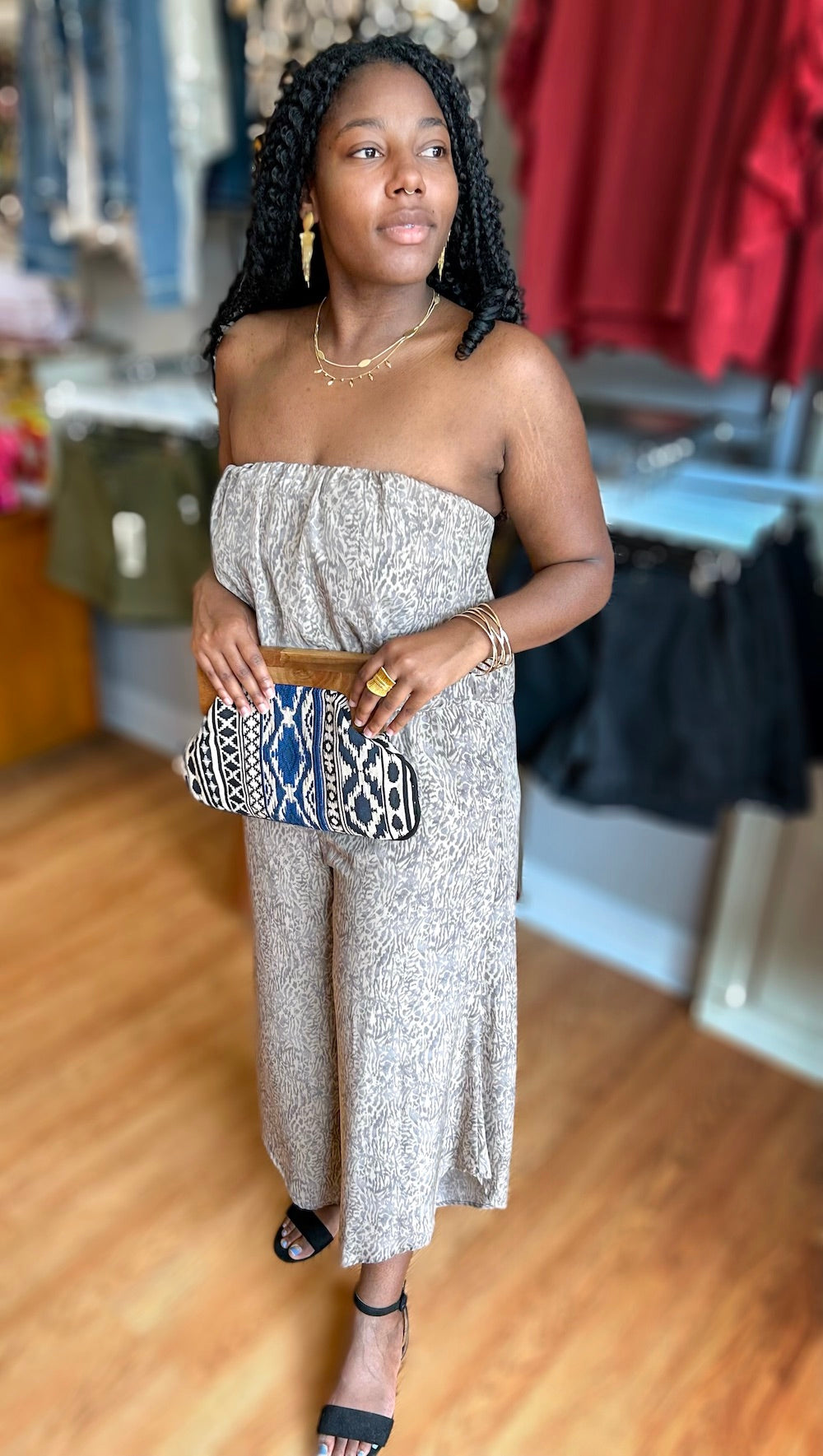 Wood Texture Slanted Hem Strapless Jumpsuit