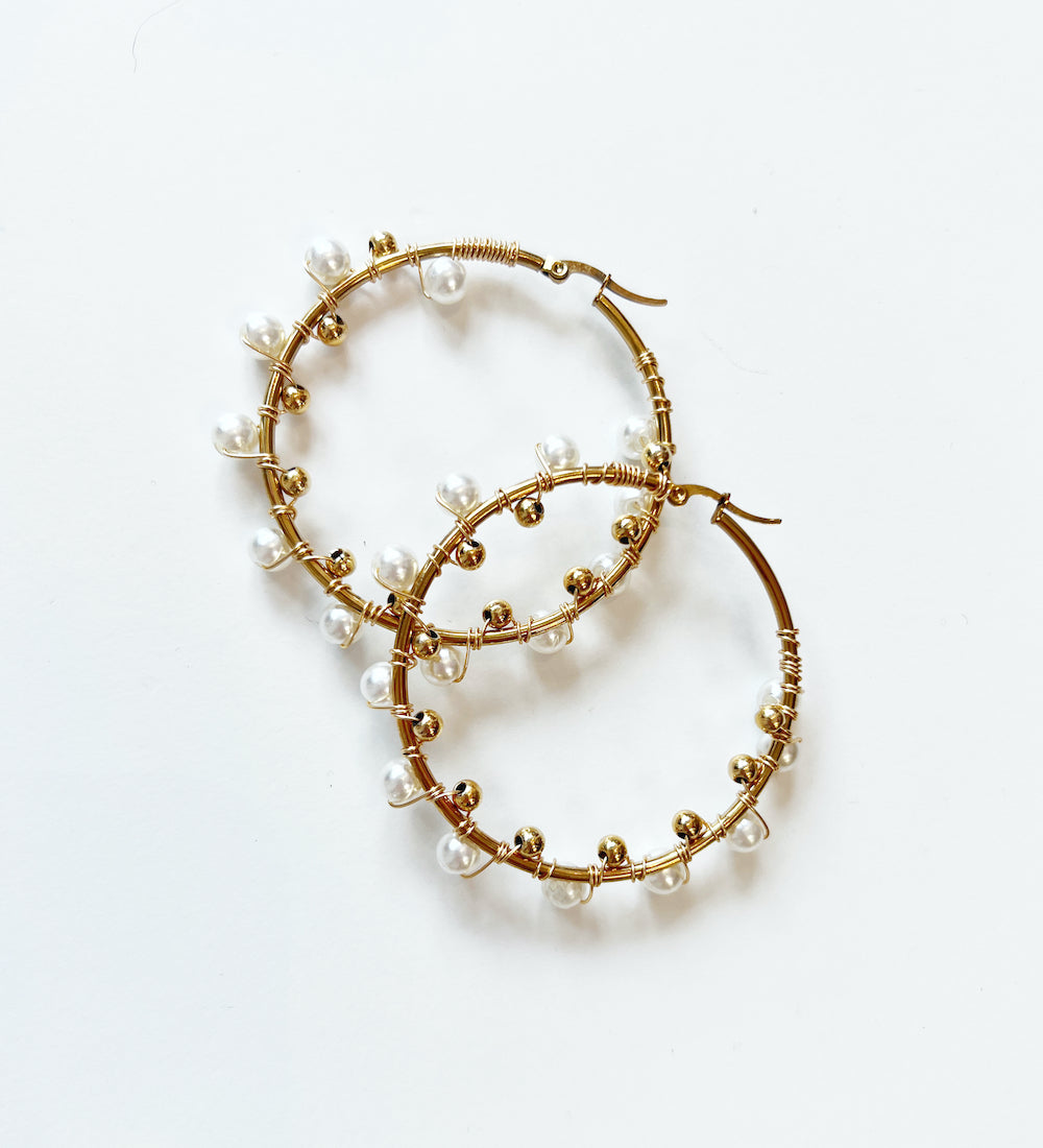 Large Pearl Hoop Earring, Gold