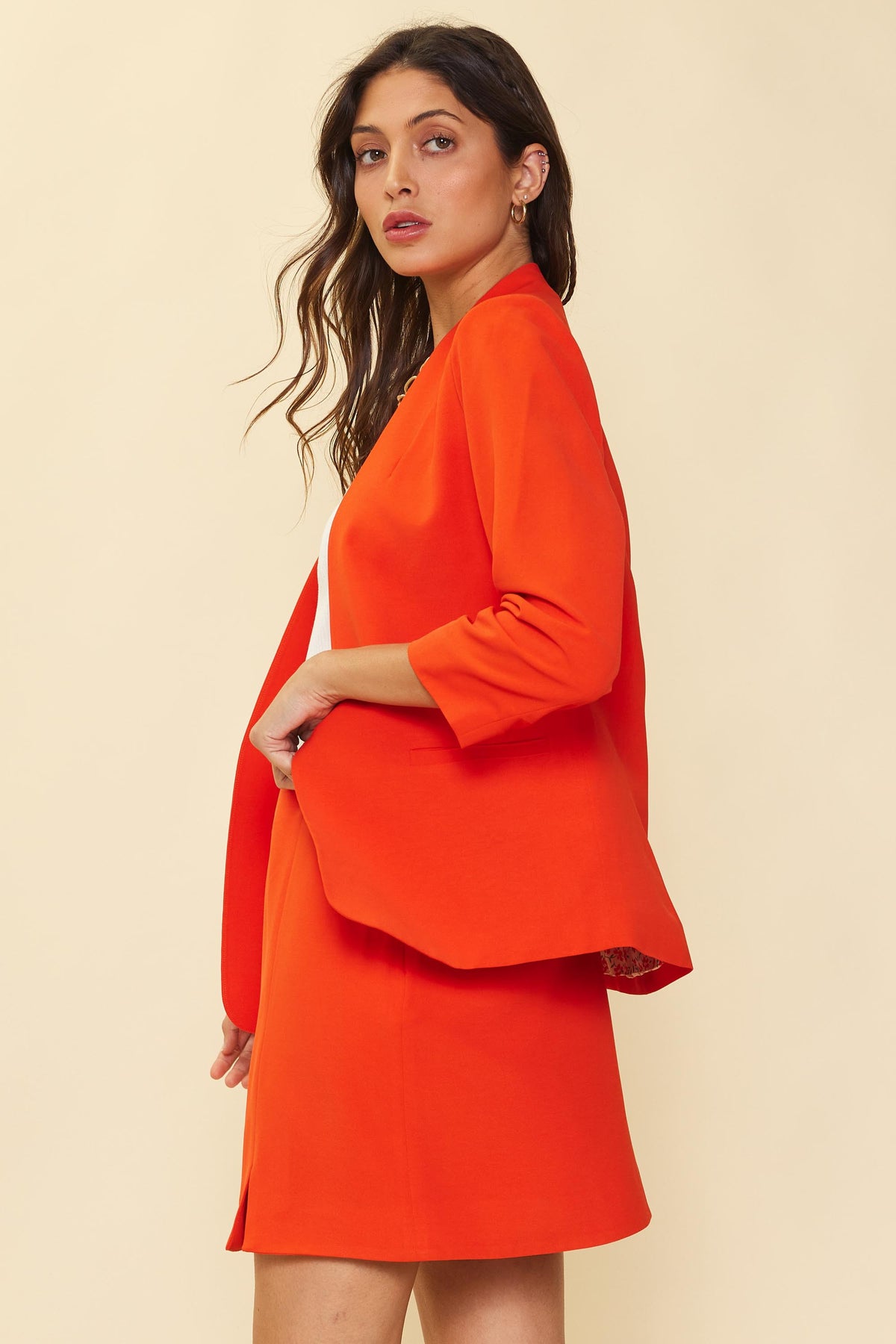 Collarless Pleated Sleeve Blazer