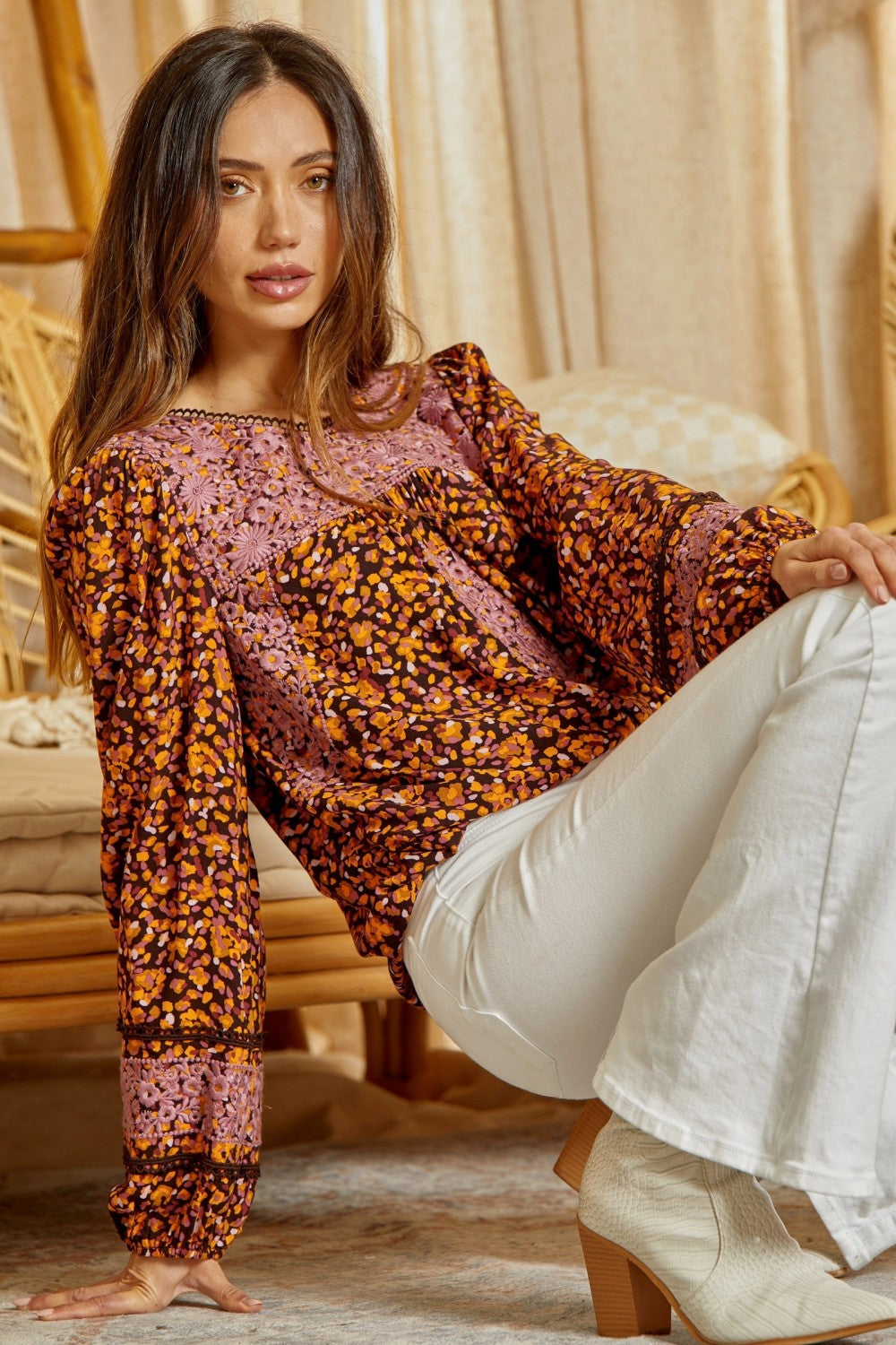 Keyhole Embroidered Abstract Blouse