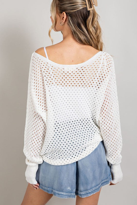 Lightweight Eyelet Knit Sweater, Off White