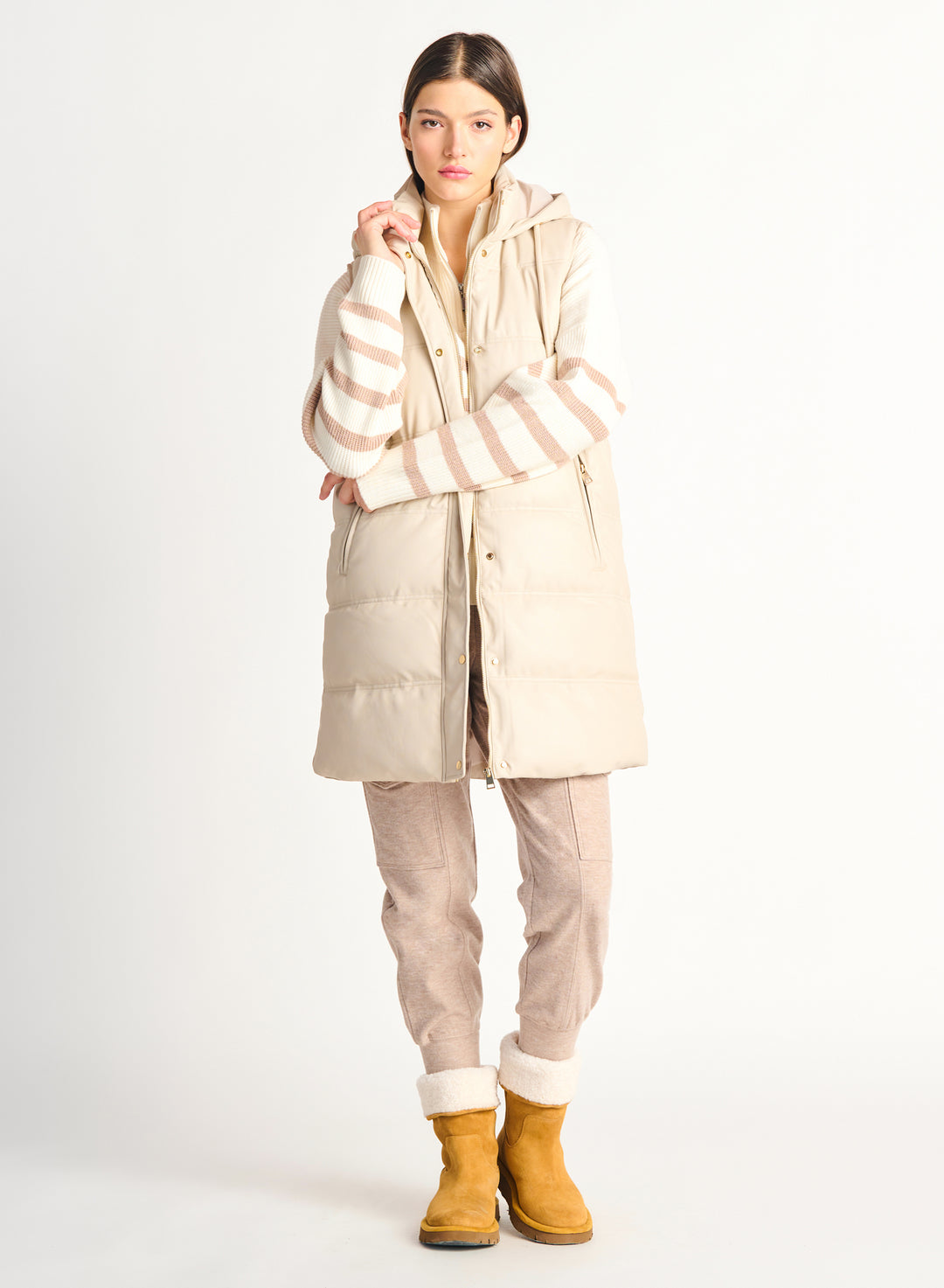 Hooded Faux Leather Puffer Vest
