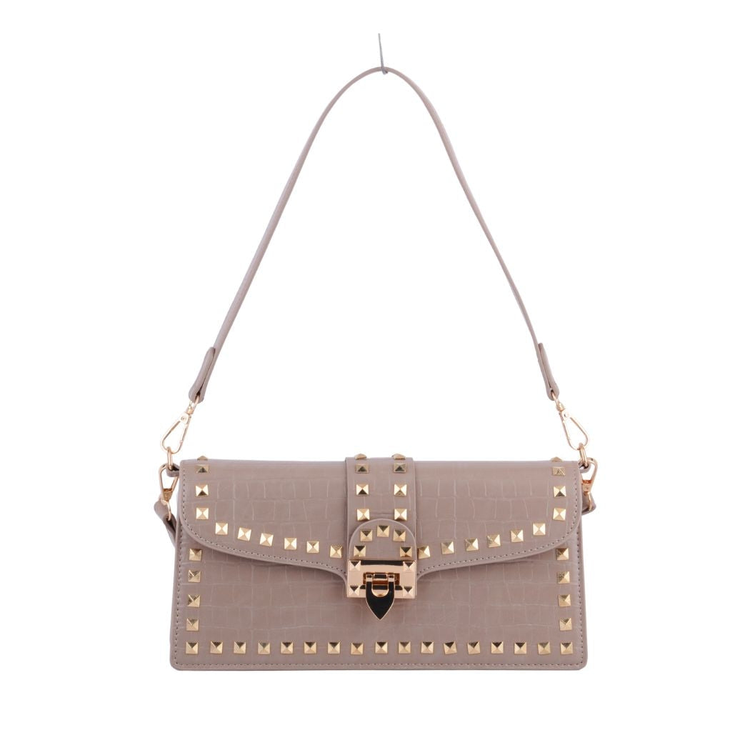 Studded Faux Croc Handbag, Taupe