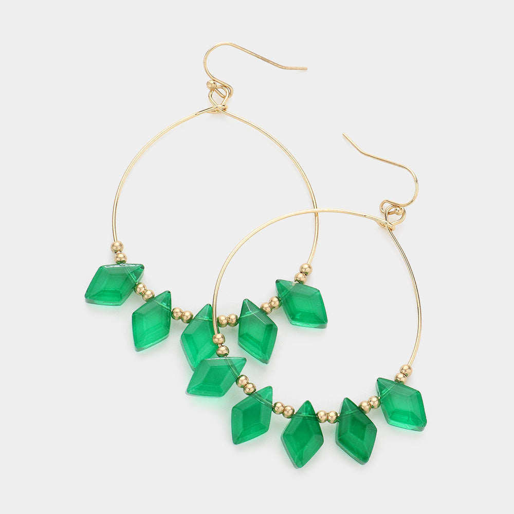 Rhombus Open Hoop Dangle Earring, Green