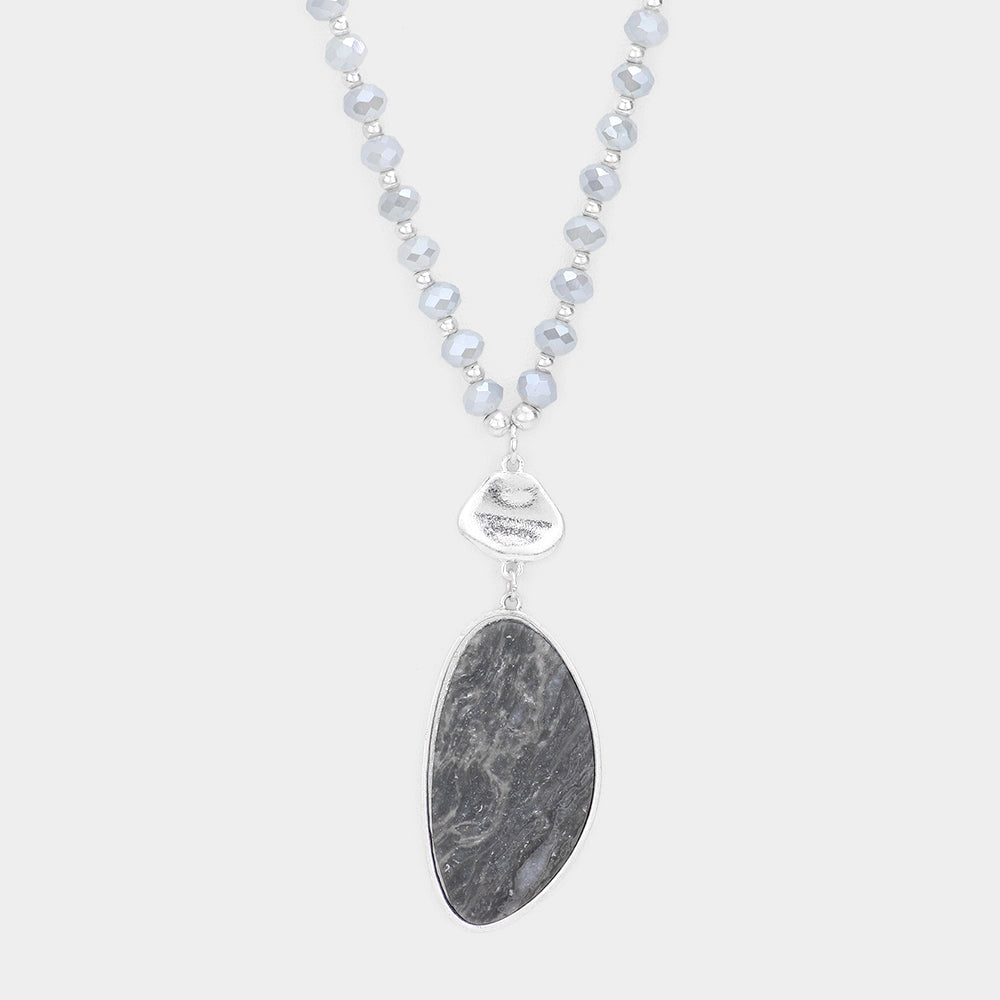 Semi Precious Stone Pendant Beaded Long Necklace, Grey