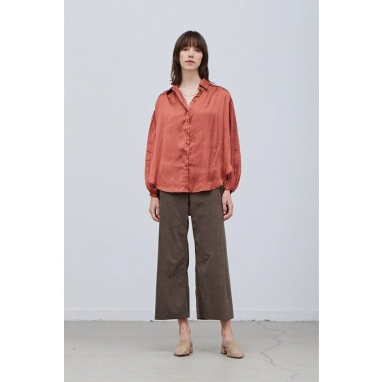 Puff Sleeve Satin Button Down Blouse