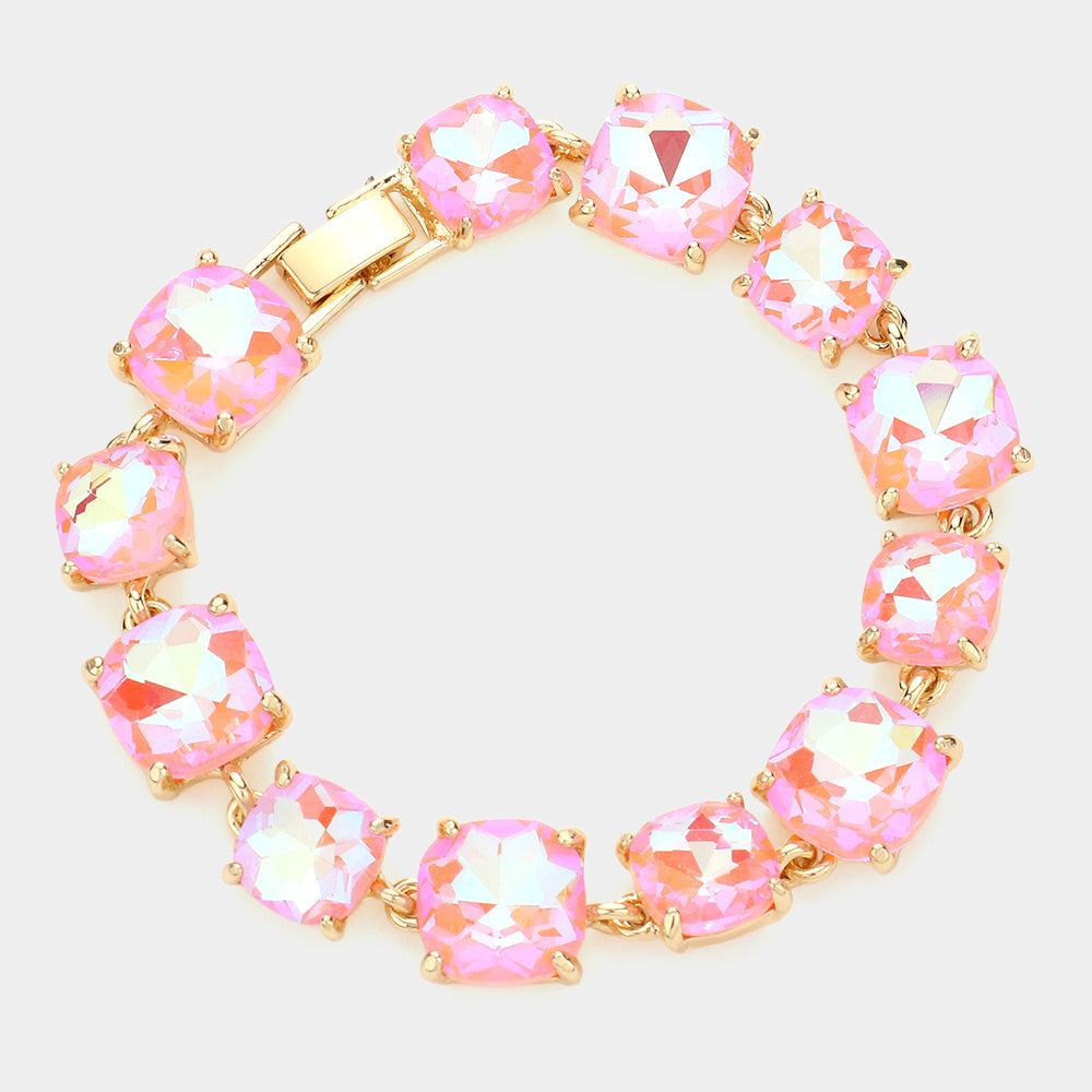 Cushion Square Stone Link Bracelet, Pink