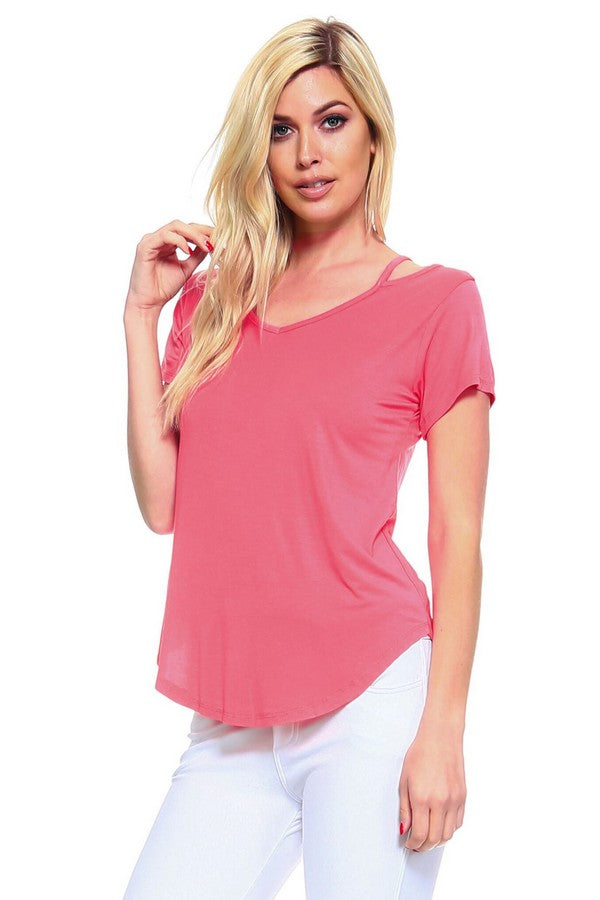 Shoulder Cut Out Jersey Tee, Coral