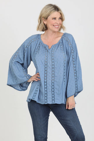 Elemental Blue Swiss Dot Top Open Crochet Bell Sleeve Blouse