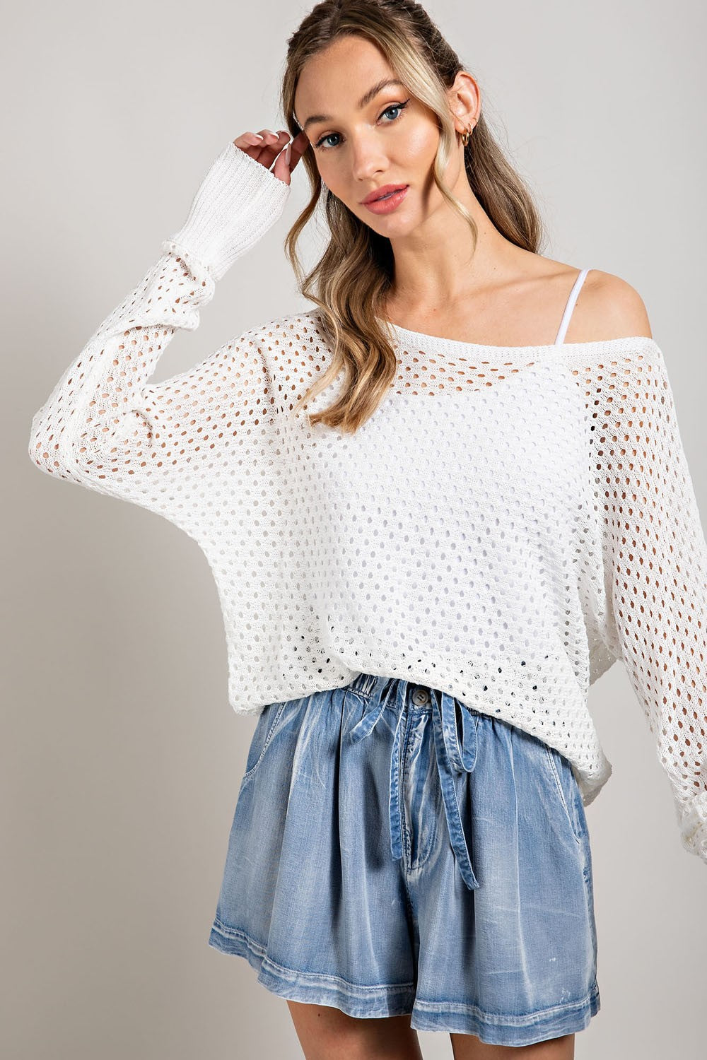Lightweight Eyelet Knit Sweater, Off White